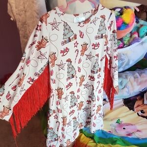 Festive Kids Dress with Red Fringe